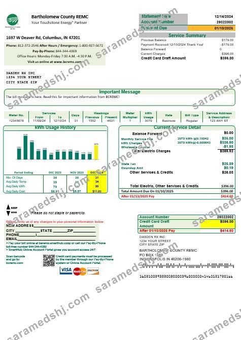 USA Indiana Bartholomew County REMC business utility bill template in Word and PDF formats